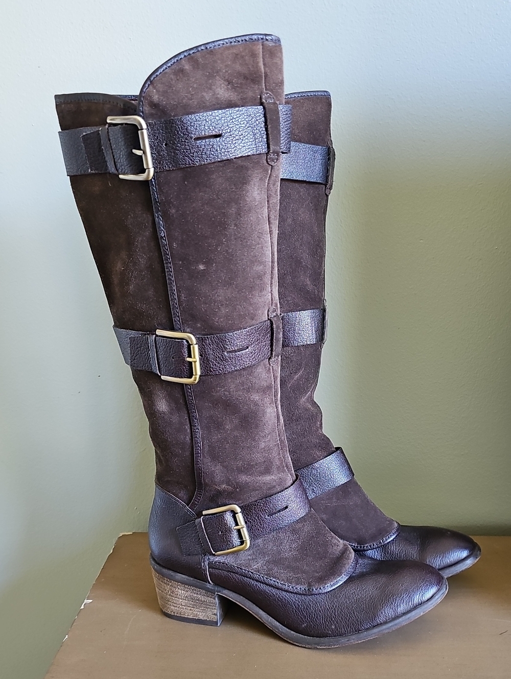 Donald J. Pliner Brown Suede & Leather Knee-High Buckle Boots Size 10
